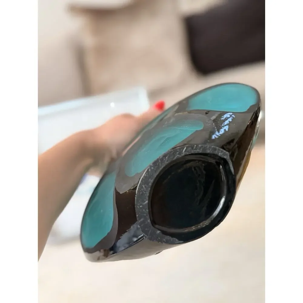Vintage Murano Battuto Eclectic Glass Vase Turquoise Black Italian Art Glass
